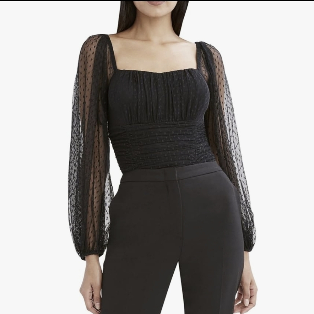 Bcbgmaxazria Swiss Dot Ruched Black Knit Bodysuit  Size M